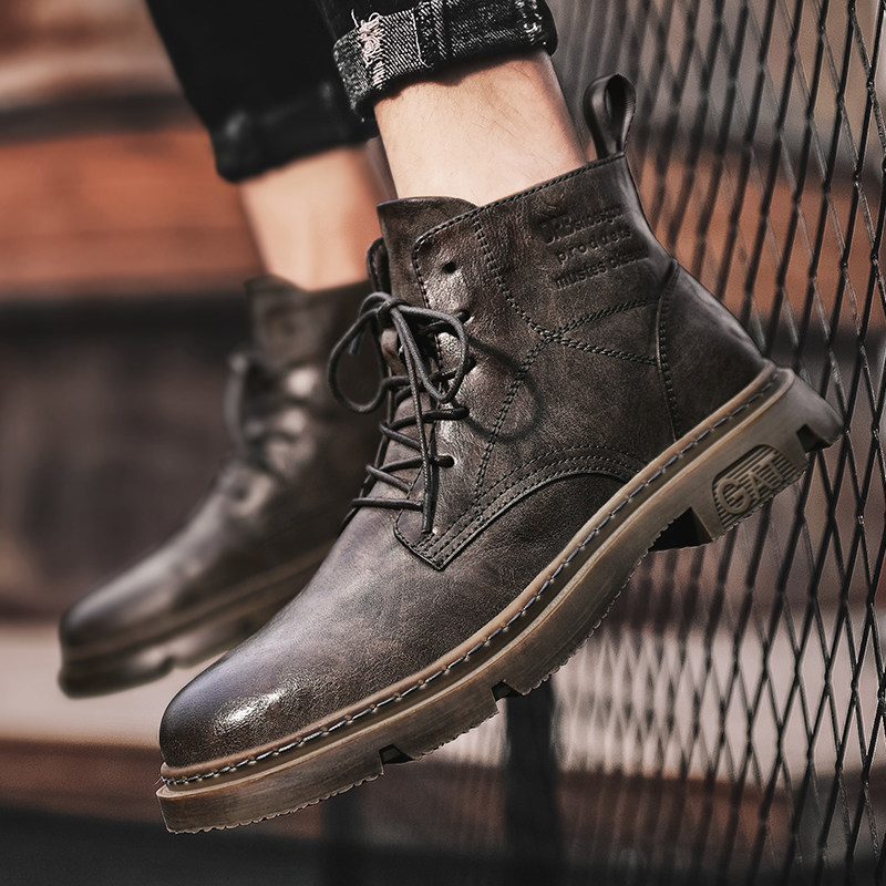 Red-Brown Martin Boots for Men, Winter High-Top Retro British Style Men's Work Boots, Trendy Motorcycle Mid-Top Leather Shoes