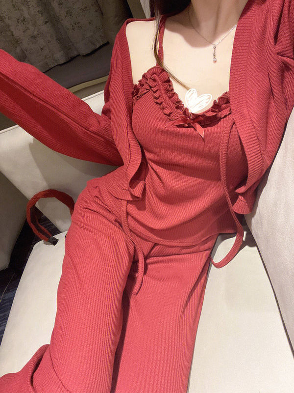 New Autumn and Winter Pajamas with Breast Pads, Feminine Pure Lust Style, Modal Cotton, Zodiac Year Red Three-Piece Home Wear Set