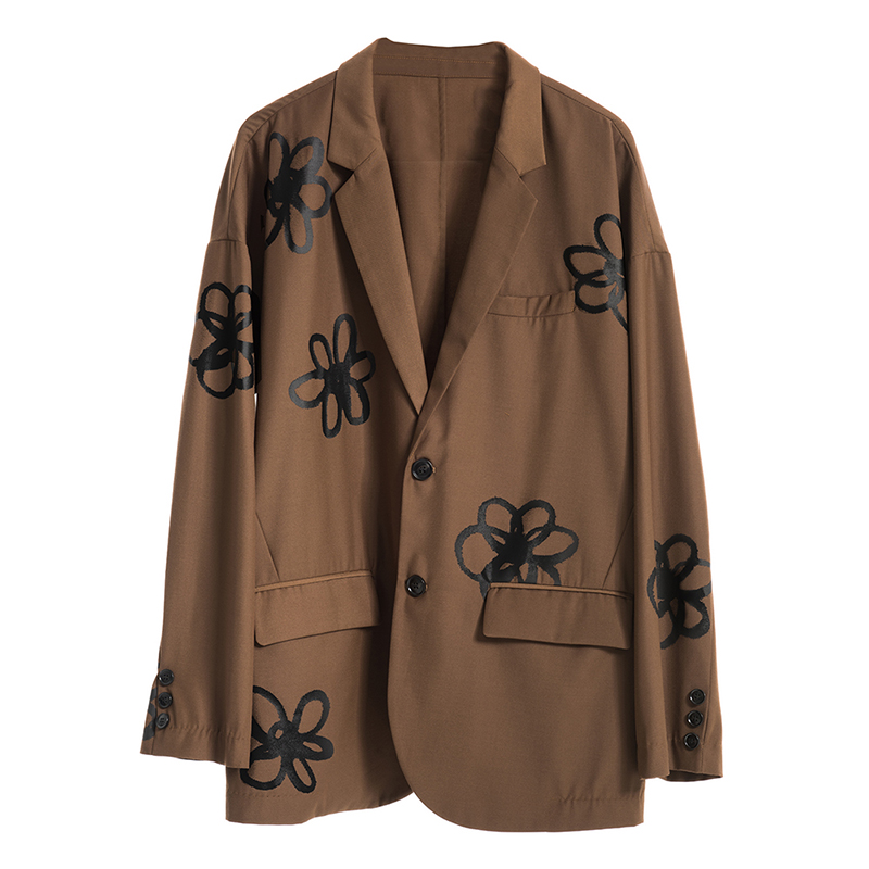 MODITEC 19SS hoa nâu vẽ tay in off-the-vai phù hợp với bình thường trendthy lỏng áo khoác mỏng