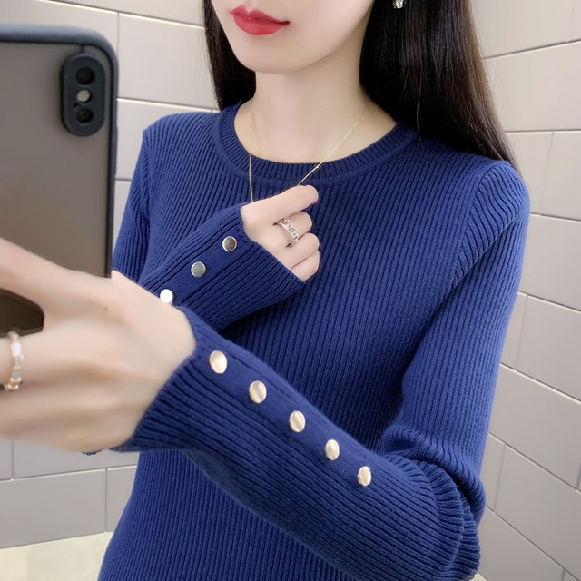 Round neck slim-fit copper button sweater temperament top 2024 autumn and winter new style foreign style inner bottoming shirt sweater for women
