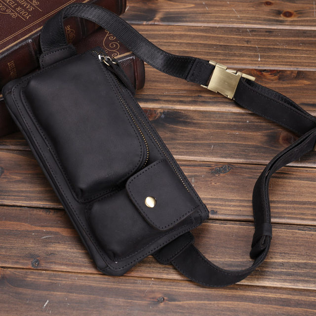 Crazy Horse Leather Bag Men's Crossbody Genuine Leather Chest Bag First Layer Cowhide Mobile Phone Bag Retro Casual Mountaineering Hiking Outdoor Waist Bag