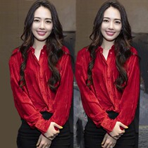 Spring and autumn new star Guo Biting suing for wedding stars with the same retro velvet shirt red blouses