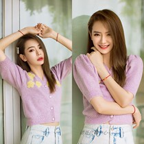 21 new dear please relax Qi Wei stars the same clothes small yellow flower sweet potato purple sweatshirt V collar knit blouse