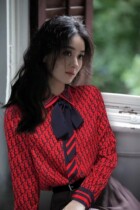 Zhao Liying Li Bingbing Star of the same paragraph 2021 Spring new letter printed butterfly knot red shirt long sleeve blouses woman