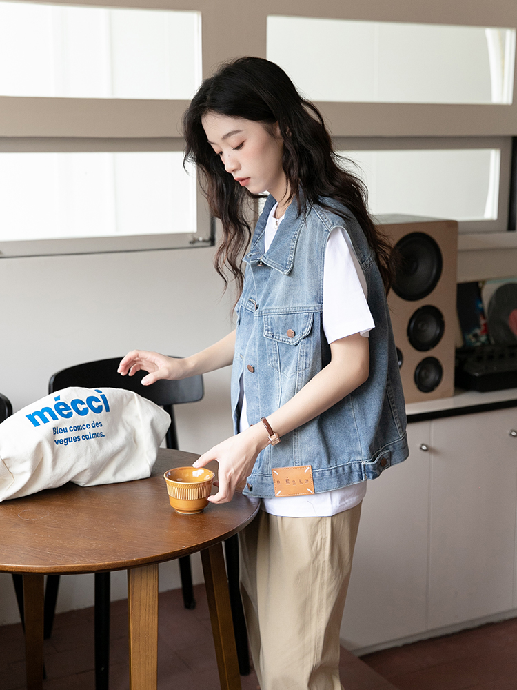 韩版休闲外搭叠穿无袖坎肩外套上衣小个子宽松马夹牛仔马甲背心女