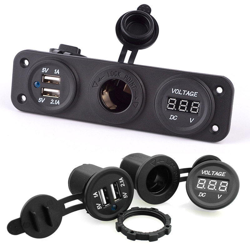 Car and motorcycle modified cigarette lighter socket dual USB car charger mobile phone charger voltmeter combination 12-24V