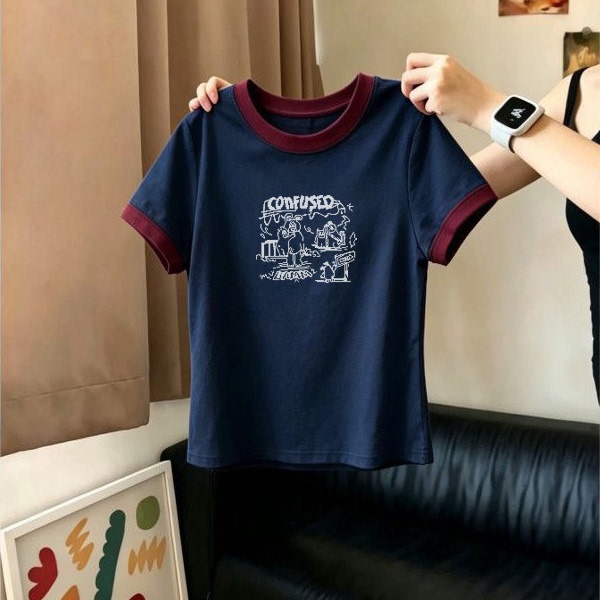 Navy Blue Round Neck Short-Sleeved T-Shirt for Women, Summer 2026 New Style, Printed Slim-Fit Short Top