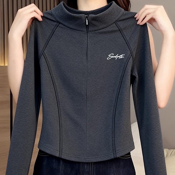 Gray Stand-Up Collar Long-Sleeved T-Shirt for Women, Autumn 2026 New Style Cardigan Base Shirt, Printed Slim-Fit Short Top