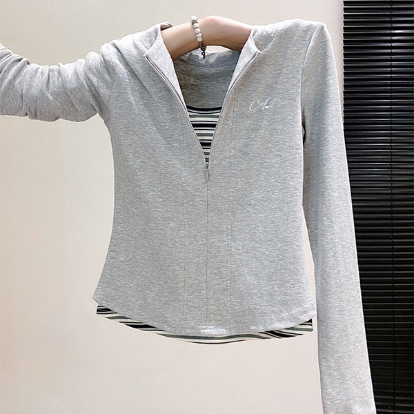 Gray V-Neck Striped Long-Sleeve T-Shirt for Women, Autumn 2026 New Style, Faux Two-Piece Embroidered Base Layer Slim-Fit Top
