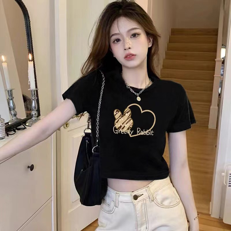 Black Short-Sleeved T-Shirt for Women, 2026 New Popular Summer Slim-Fit High-Waisted Half-Sleeve Short Top for Petite Figures