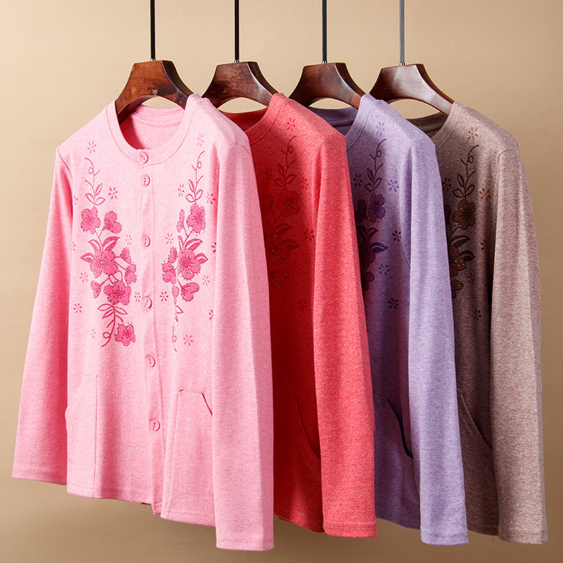 Middle Aged Cardiovershirt Lady Autumn Coat Large Size Loose Sanitary Coat Cotton Woolen Sweatshirt Elderly Mother Single Blouse Heating Coat