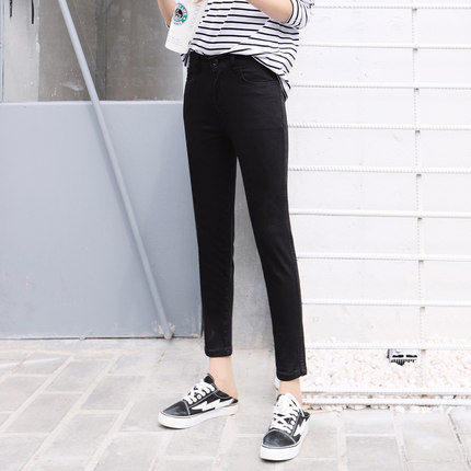 韩国女土黑色牛仔裤女长裤春夏季紧身九分裤显