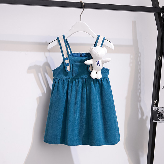 Girls teddy bear dress 2022 autumn and winter new style princess dress baby fashionable plush velvet suspender skirt suit