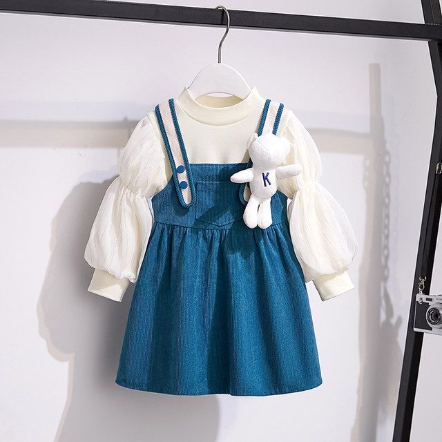 Girls teddy bear dress 2022 autumn and winter new style princess dress baby fashionable plush velvet suspender skirt suit