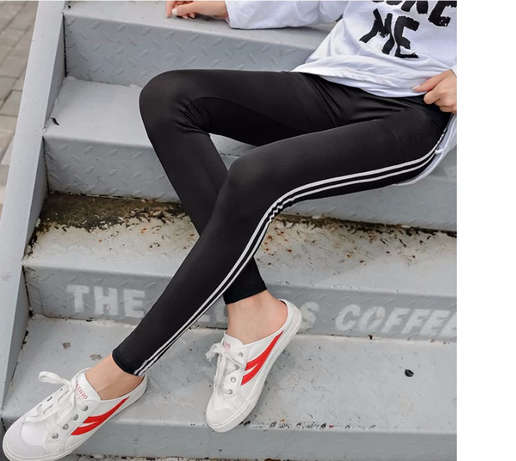 Quần legging nữ mặc sọc dọc mùa thu eo thon eo cao bên hông dải trắng co giãn kích thước lớn song song thanh phương thức chân quần quần cotton nữ 