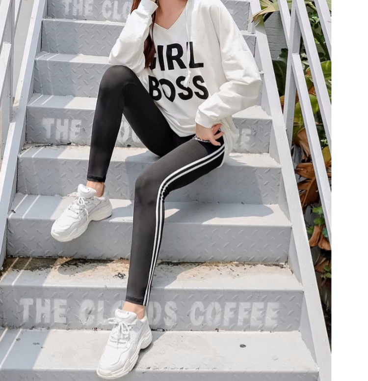 Quần legging nữ mặc sọc dọc mùa thu eo thon eo cao bên hông dải trắng co giãn kích thước lớn song song thanh phương thức chân quần