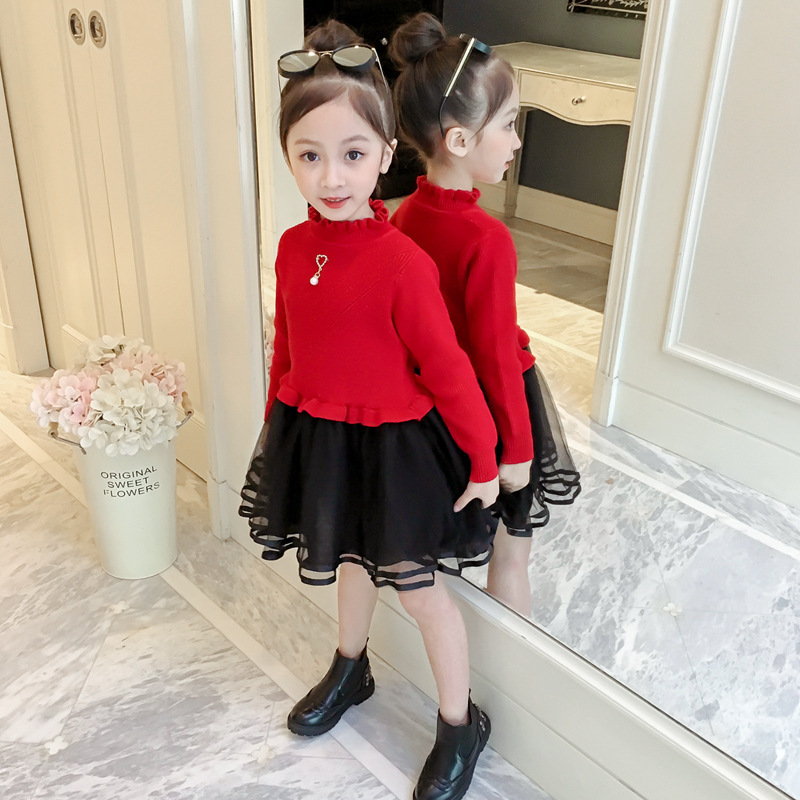 Áo len bé gái váy xòe mùa thu và mùa đông Hàn Quốc bé đan áo đáy quần trẻ em nước ngoài lưới công chúa đầm bé gái