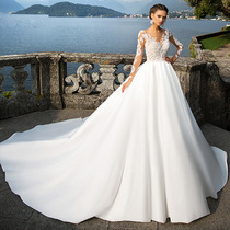 Long sleeve satin wedding dress 2021 spring new one shoulder temperament simple Palace little bride slim