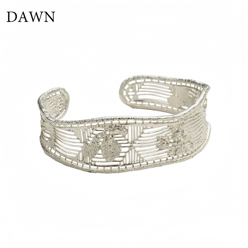 New Chinese-Style Gardenia Fiber Open Bracelet for Women, High-End Light Luxury Niche Design, Minimalist Silver Hollow Bracelet Jewelry