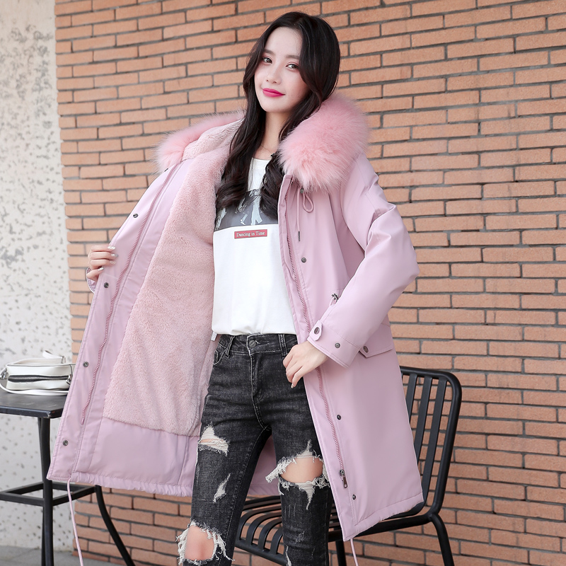 加绒棉衣女中长款2019新款冬季韩版宽松大码派克服大毛领棉袄外套