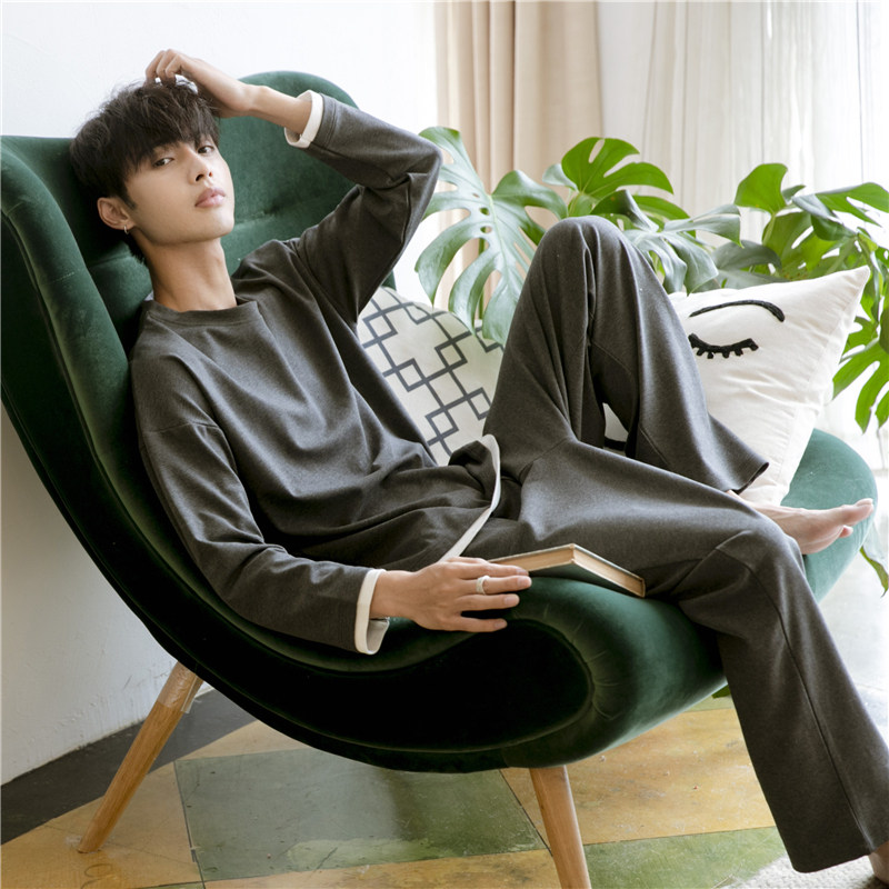 Pure cotton men's pajamas Men's spring and autumn and winter long-sleeved thin section boys loose round neck pullover cotton home wear suit