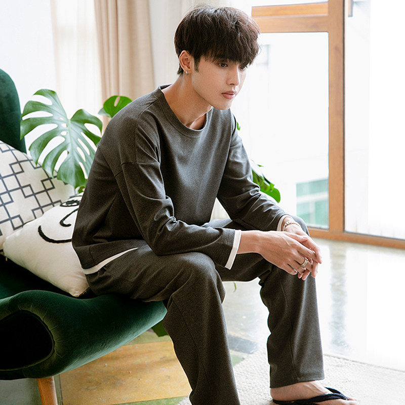 Liang Xueqi men's cotton pajamas Spring and Autumn long sleeve Korean version of boys round neck loose pullover cotton home suit