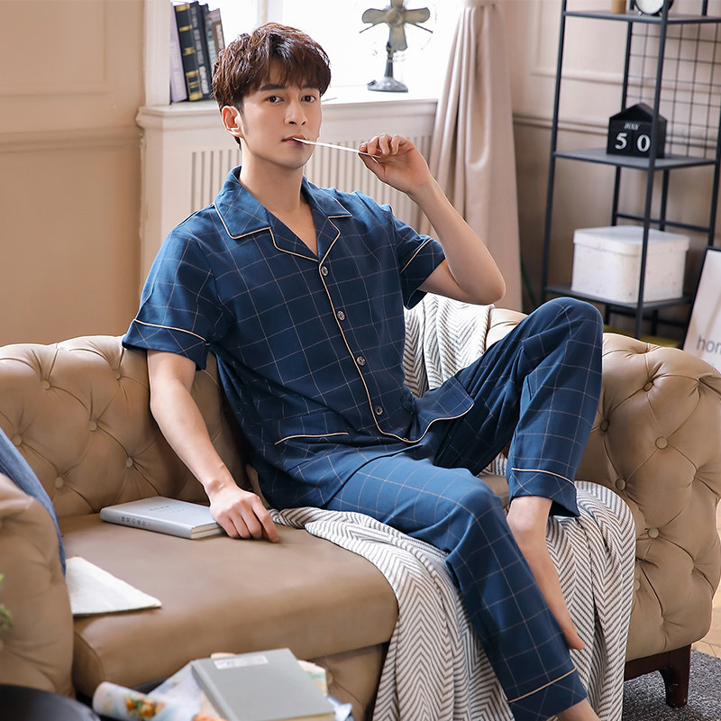 Pajamas men's summer cotton short sleeve pants men's household clothing summer thin cotton middle-aged and elderly large size suit