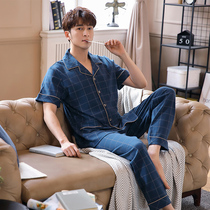 Pajamas mens summer cotton short sleeve trousers mens home clothes summer thin cotton middle-aged and old size suit