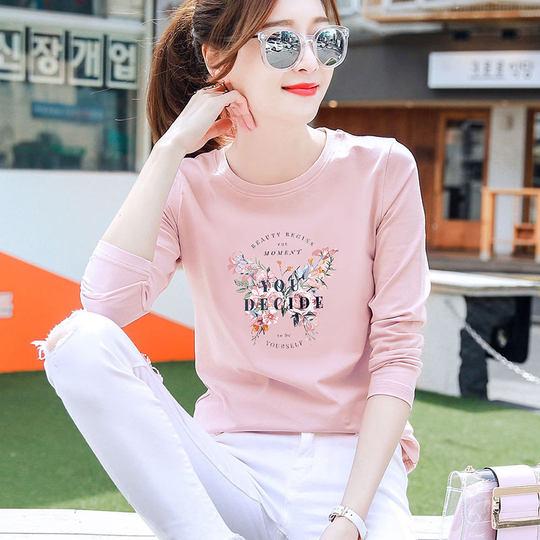 Pure Cotton Long-Sleeved T-Shirt for Women, Loose Cartoon Style, Stylish Inner Layer, Pink Base Shirt, Spring and Autumn 2025 New Top