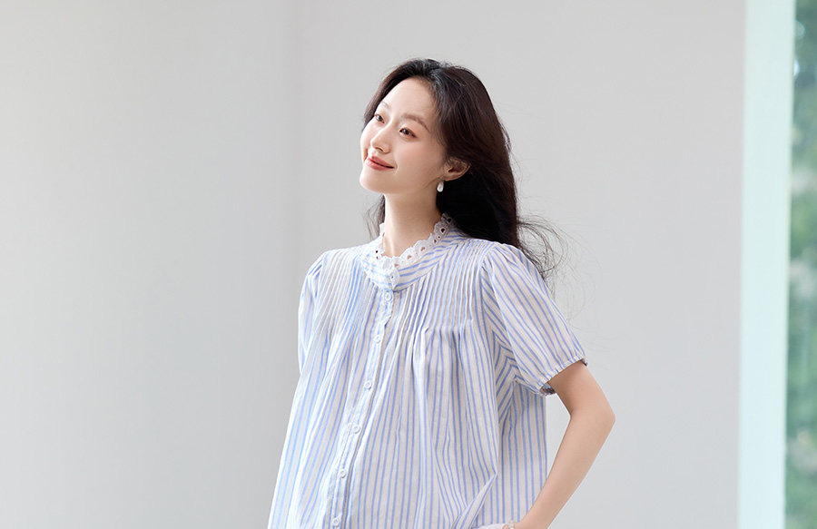 孕之优品孕妇套装夏季外穿孕妈高级穿搭花边拼接衬衫半身裙两件套 — 6