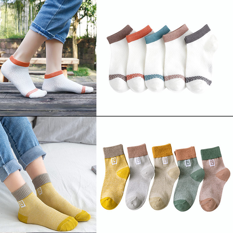 Sock End Stripe + 19 Letter Men's Mesh (10 Pairs In Total)children Socks pure cotton spring and autumn Thin Boy girl Middle tube socks Zhongda Tong Xinjiang cotton baby Mesh socks summer