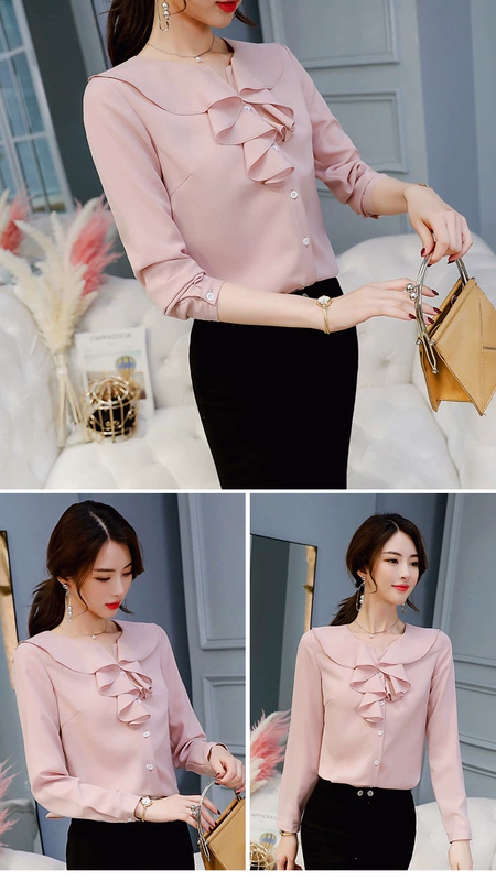 黛 2018 Xuân-Hè 2018 phiên bản Hàn Quốc mới của Slim thời trang rắn màu dài tay là áo sơ mi mỏng cỡ lớn hoang dã sơ mi cổ trụ