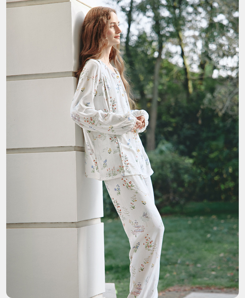 嫚熙秋冬季孕妇哺乳睡衣弹力丝麻棉浅草曼波产后月子服家居服套装 — 46