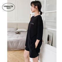 Pajamas women summer cotton short sleeve shorts two-piece suit can wear pullover loose Korean thin household clothing summer