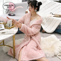 Women's Winter Coral Fleece Warm Home Clothes Thickened and Long Princess Style Can Wear Flannel Bathrobe