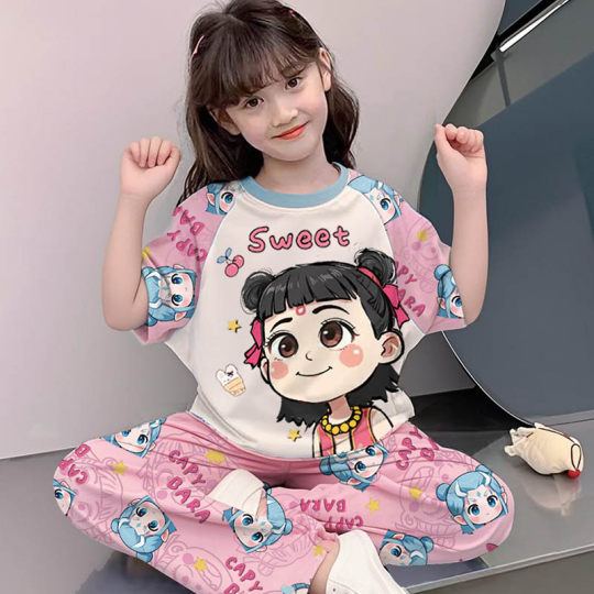 儿童睡衣女童纯棉全短袖长裤家居服薄款夏季女孩大童哪吒2025新款