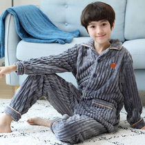  Coral velvet childrens pajamas winter thickened plus velvet boys middle and large children autumn and winter boys flannel home clothes