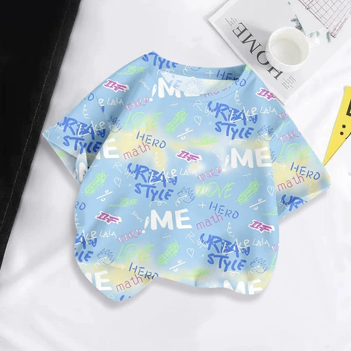 Летняя одежда, детская футболка с коротким рукавом для мальчиков, популярно в интернете, круглый воротник