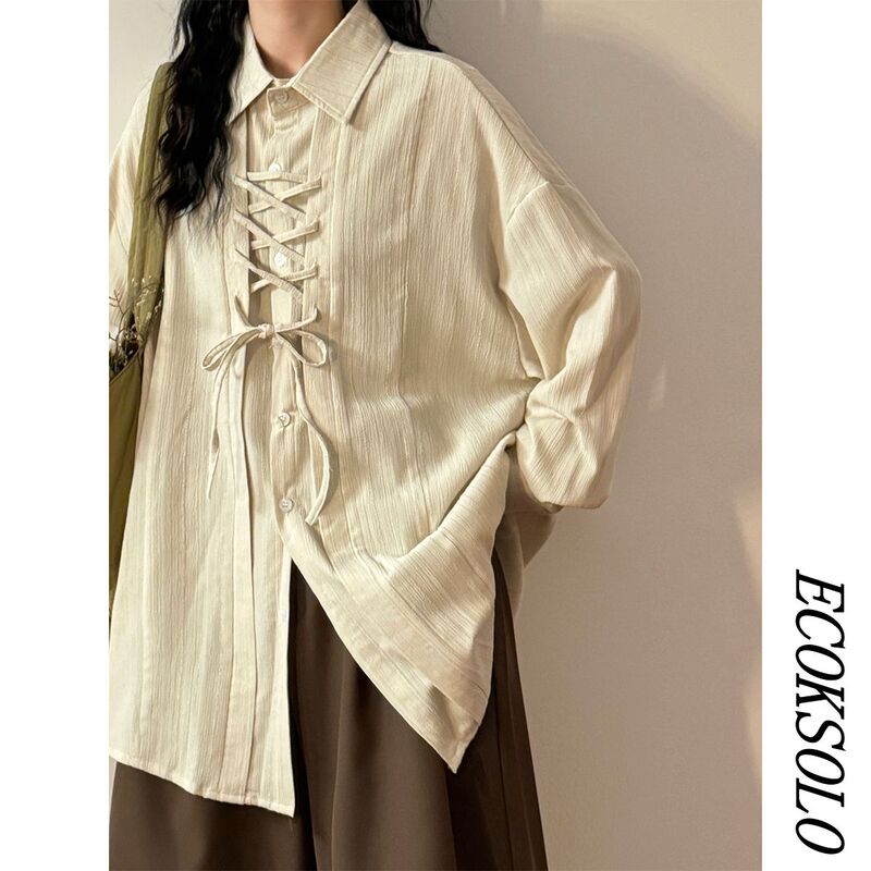Ecoksolo Autumn Japanese Retro Loose Lazy Style Solid Color Simple Drawstring Casual Long-Sleeve Shirt Top for Women