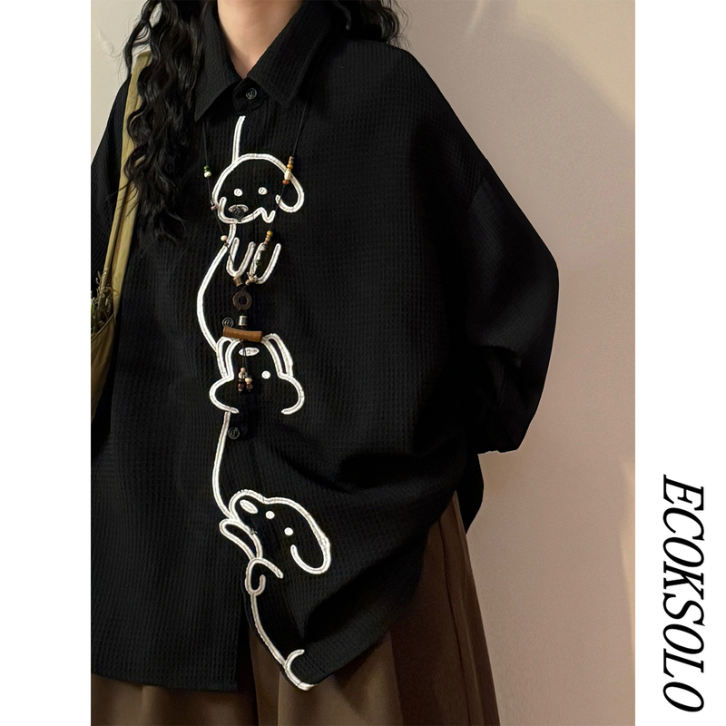 Ecoksolo2026 Spring Japanese Style Retro Waffle Cute Puppy Embroider Loose Long-Sleeved Shirt Women's Top