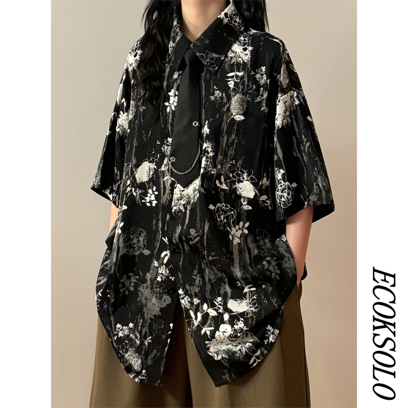 Ecoksolo Summer American Retro Dark Floral All-Over Printed Hong Kong Style Loose Casual Short-Sleeved Shirt Top for Women
