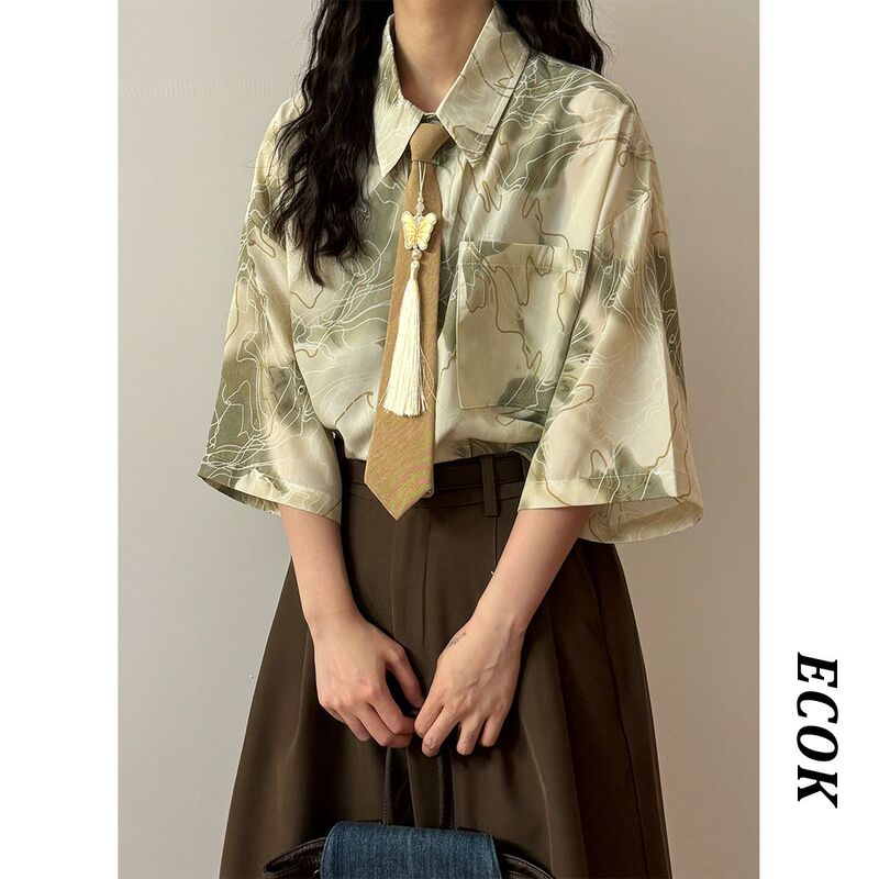 Ecok2025 Summer Japanese Retro Irregular Line Graffiti Print Short-Sleeve Shirt Top for Women Trendy with Tie