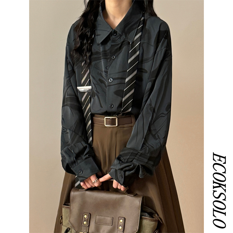 Ecoksolo Early Autumn American Retro Trendy Brand Loose Casual Niche Design Full-Print Long-Sleeve Shirt Top for Women