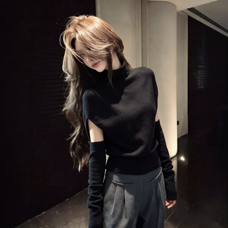 Pure Desire Lazy Style High-Neck Batwing Sleeve T-Shirt for Women, New Autumn Slim-Fit Design with Stylish Sleeves, Knitted Top Pure Desire Lazy Style High-Neck Batwing Sleeve T-Shirt for Women, New Autumn Slim-Fit Design with Stylish Sleeves, Knitted Top