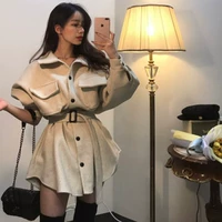Quần áo mùa đông 2018 Hàn Quốc Dongdaemun mới vạt áo ma ngựa túi áo len mỏng thắt lưng thắt lưng áo khoác dạ nữ dáng dài cổ lông