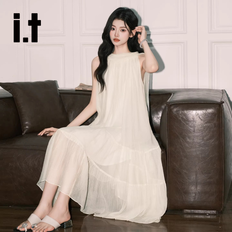 It:Chocoolate Is a Stunning Apricot-Colored Tank Top Dress for Women, Perfect for Summer, with a Gentle and Flowy Design, Featuring a Loose Fit and Fairy-Like Long Skirt with Ribbons