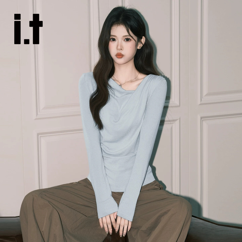 It: Chocoolate Super Pretty Light Blue Scoop Neck Long-Sleeve Top for Women, Autumn Irregular T-Shirt, Gentle Waist-Cinching Top It: Chocoolate Super Pretty Light Blue Scoop Neck Long-Sleeve Top for Women, Autumn Irregular T-Shirt, Gentle Waist-Cinching Top