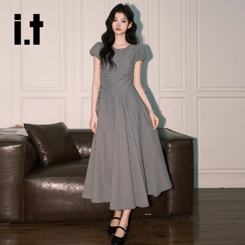 It:Chocoolate Retro Black and White Checkered Puff Short-Sleeved Dress for Women, French Style Waist-Cinching A-Line Long Skirt It:Chocoolate Retro Black and White Checkered Puff Short-Sleeved Dress for Women, French Style Waist-Cinching A-Line Long Skirt