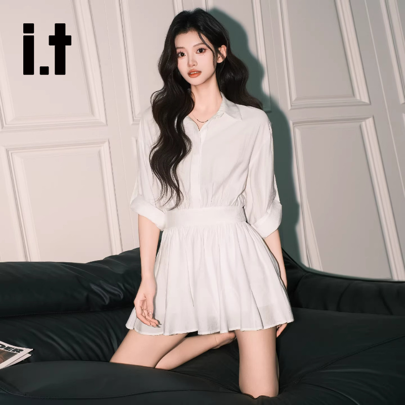 It:Chocoolate Korean Style White Polo Long-Sleeve Dress for Women, Early Spring, Elegant, Waist-Cinching, A-Line Shirt Short Dress