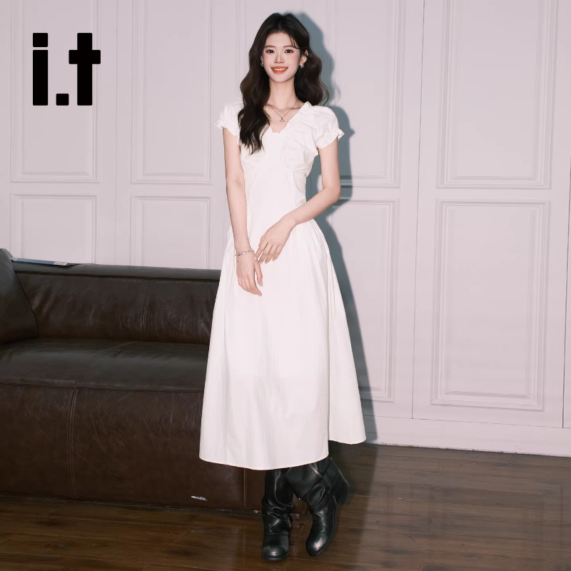 It:Chocoolate Gentle White V Neck Puff Sleeve Dress for Women, Sweet A-Line First Love Long Skirt for Spring